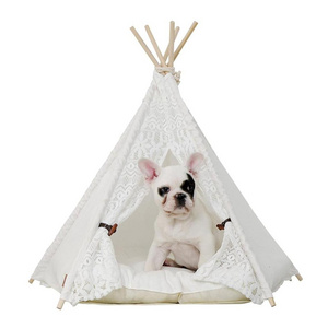 Portable Pet Teepee Cotton Canvas Tent Dogs Cats Bed Room Cage Lace Teepee Indian Tipi with Mat Animals House