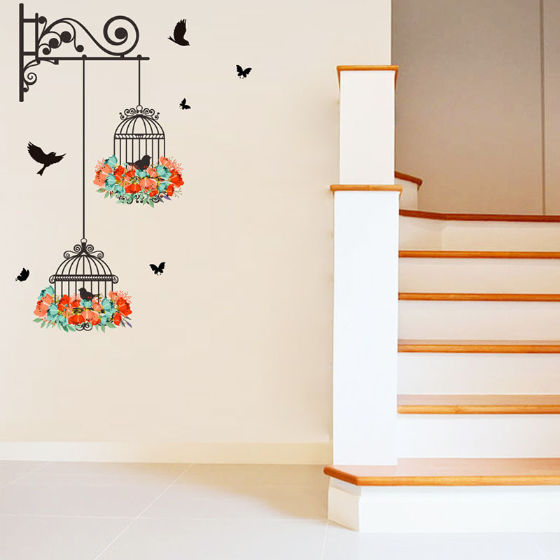 New Birdcage Flower Flying for Living room Nursery Room Wall Stickers Vinyl Wall Decals Wall Sticker for Kids Room Home Decor AN