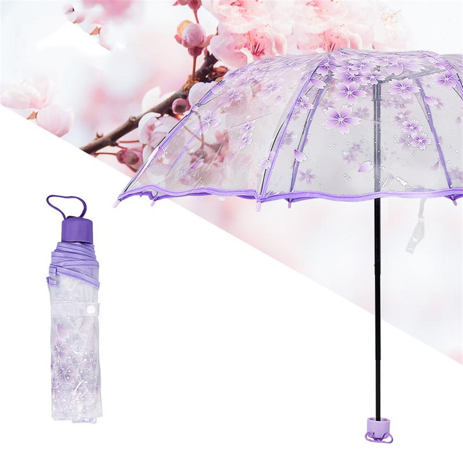 Girly Princess Rain Umbrella Cherry Blossoms Umbrellas Kids Lady Pink Flower Plastic Small Sunshade Transparent Clear Parapluie