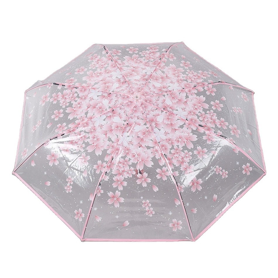 Girly Princess Rain Umbrella Cherry Blossoms Umbrellas Kids Lady Pink Flower Plastic Small Sunshade Transparent Clear Parapluie