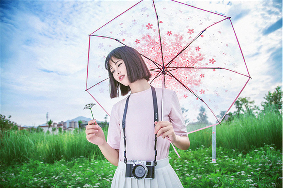 Girly Princess Rain Umbrella Cherry Blossoms Umbrellas Kids Lady Pink Flower Plastic Small Sunshade Transparent Clear Parapluie