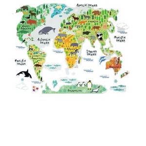 Cartoon Animals World Map Wall Stickers for Kids Room Decorations Safari Mural Art Zoo Children Home Decals Nursery Posters