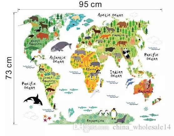 Cartoon Animals World Map Wall Stickers for Kids Room Decorations Safari Mural Art Zoo Children Home Decals Nursery Posters