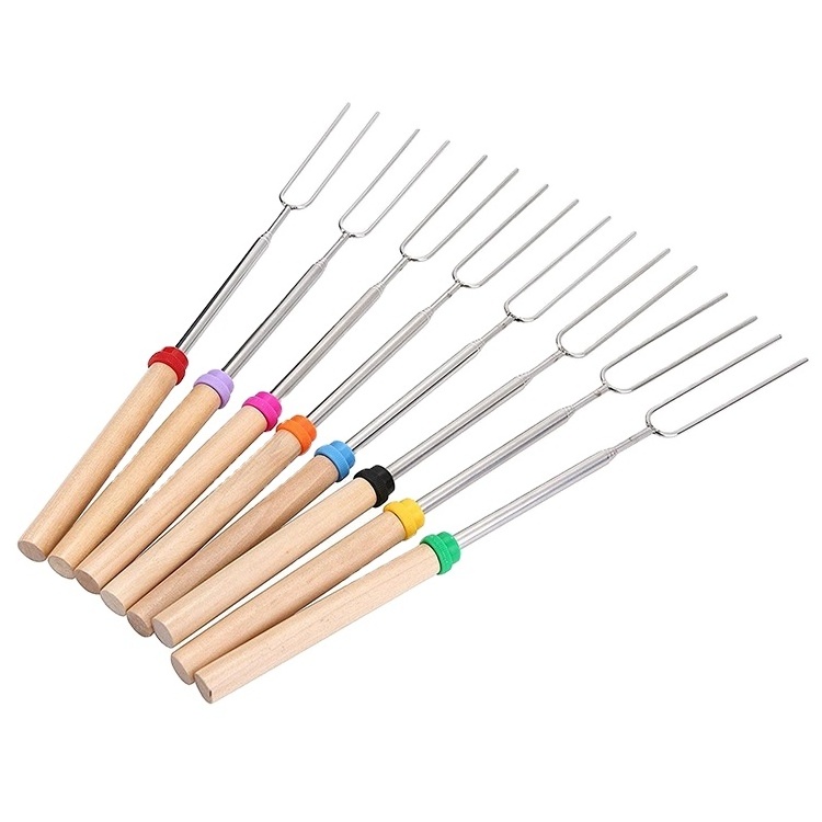 BBQ Forks Camping Campfire Stainless Steel Wooden Handle Telescoping Barbecue Roasting Fork Sticks Skewers BBQ Forks