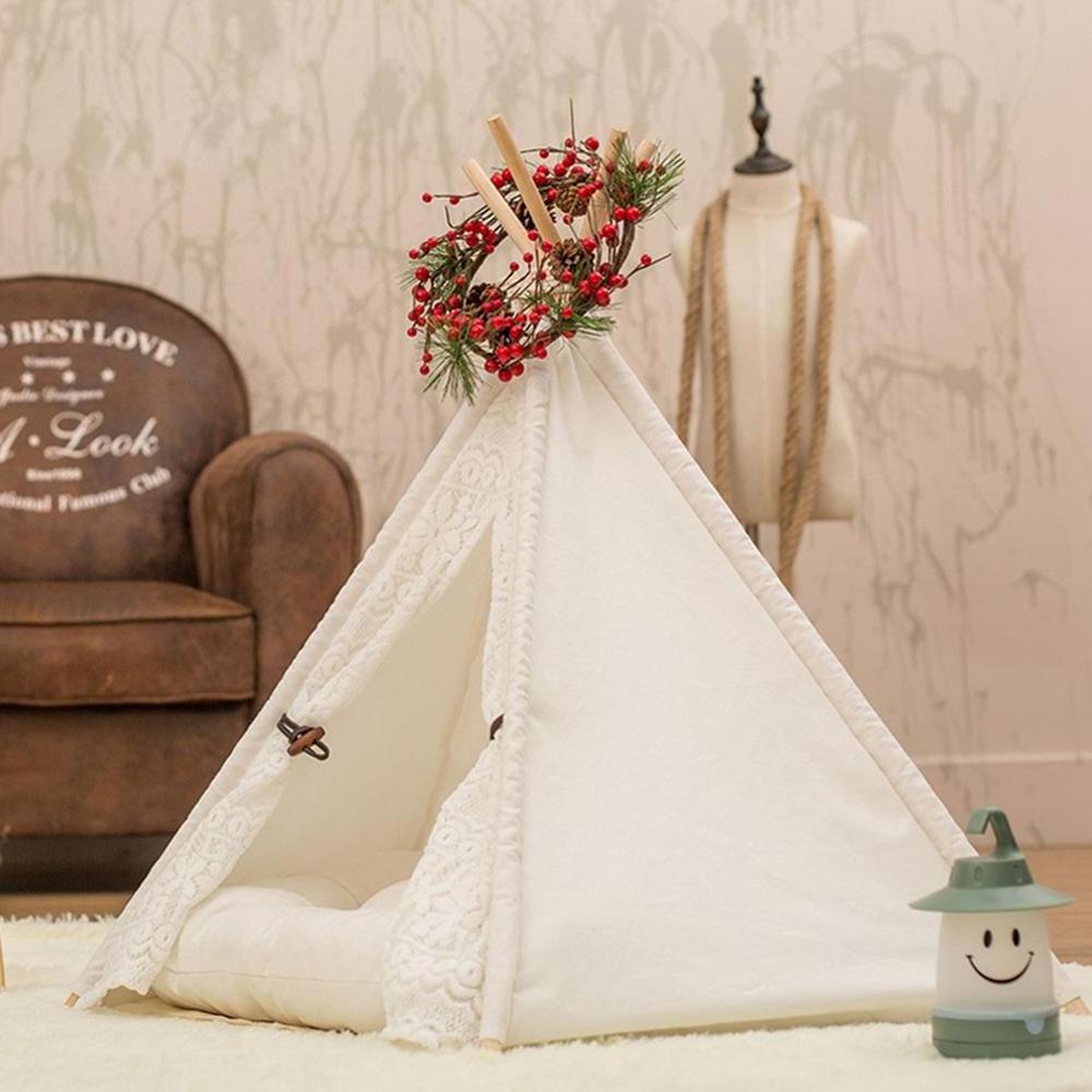 Portable Pet Teepee Cotton Canvas Tent Dogs Cats Bed Room Cage Lace Teepee Indian Tipi with Mat Animals House