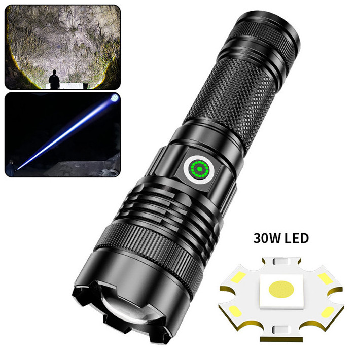 Wholesale XHP50 30W LED Power Display Flashlights Camping Waterproof Portable 1000 Lumens Torch Light