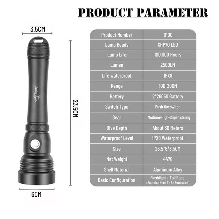 IPX8 2500lm Underwater Diving Torch XHP70 Powerful LED XM-T6 Professional Scuba Flashlight Waterproof Diving LED Flashlight