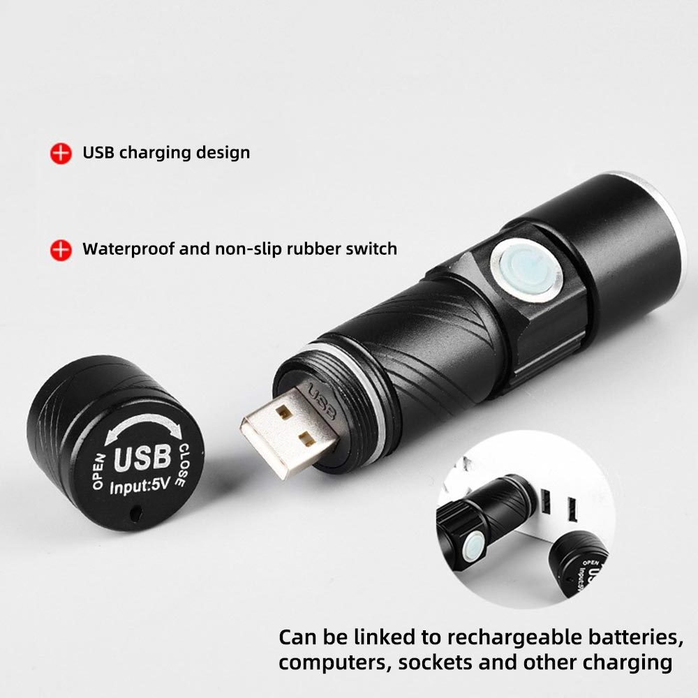 USB Rechargeable Torch Handheld Light Zoomable Head LED Mini Flashlight