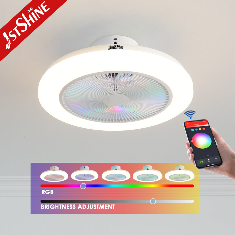 1stshine flush mount bedroom App control RGB color dimmable tuya dc motor modern smart led ceiling fans with light