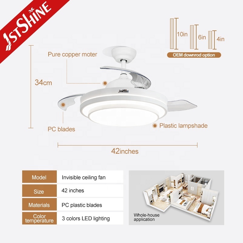 1stshine LED ceiling fan white fancy invisible blades 42 inches space saving LED ceiling fan with hidden blades