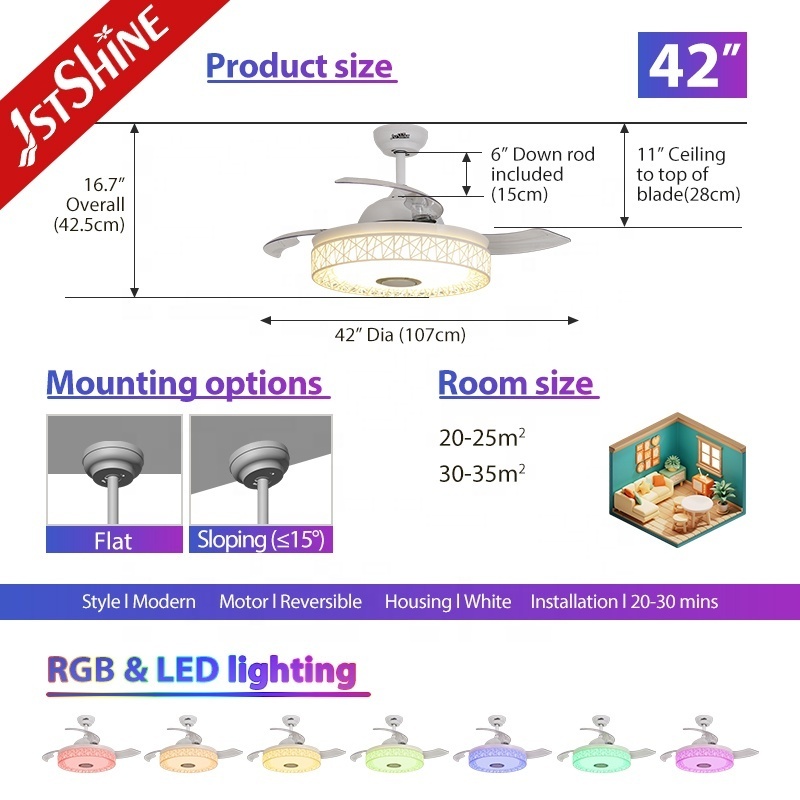 1stshine led ceiling fan high speed efficient Led 3 color lighting retractable ceiling fan