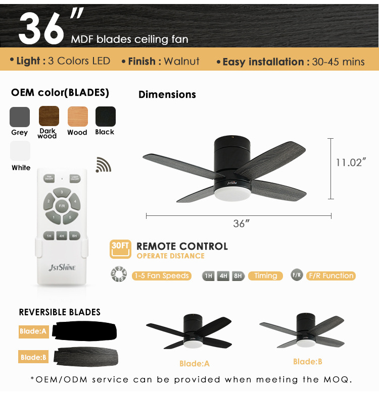 1stshine led ceiling fan small flush mounted 36 inches reversible MDF blades ceiling fan with light