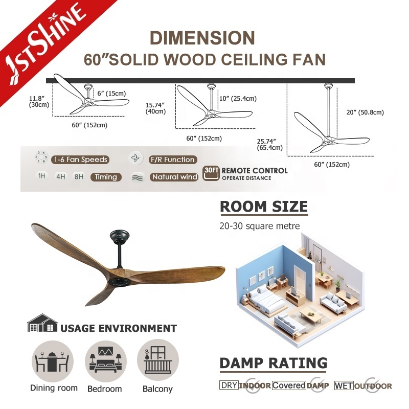 1stshine ceiling fan 60 inch modern dark walnut 5 speed remote control 3 blade wood blade dc ceiling fan