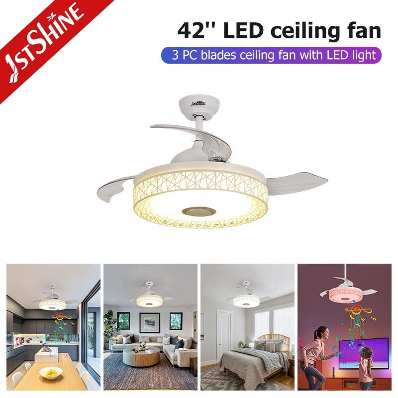 1stshine led ceiling fan high speed efficient Led 3 color lighting retractable ceiling fan