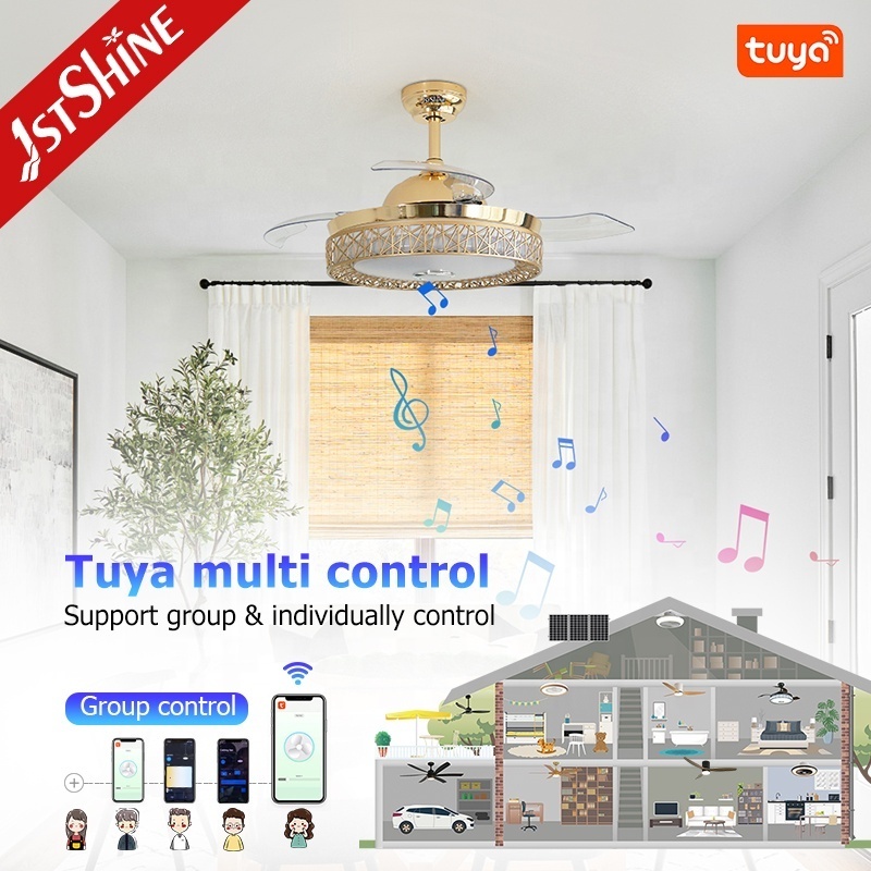 1stshine led ceiling fan modern european high quality remote control 3 ABS hidden blades 48W LED music ceiling fans with light