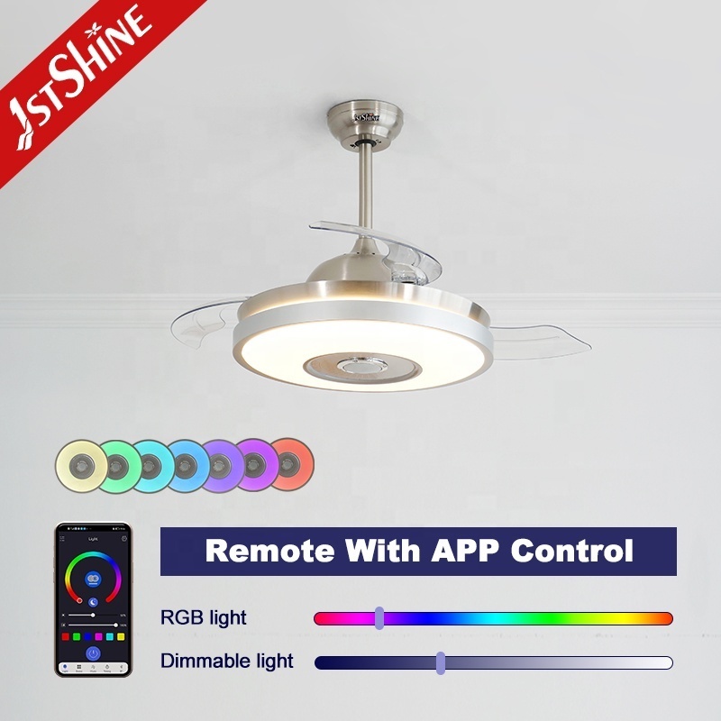 1stshine LED ceiling fan hot selling HIFI speaker remote control smart retractable ceiling fan with RGB light