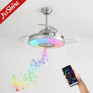 1stshine LED ceiling fan hot selling HIFI speaker remote control smart retractable ceiling fan with RGB light