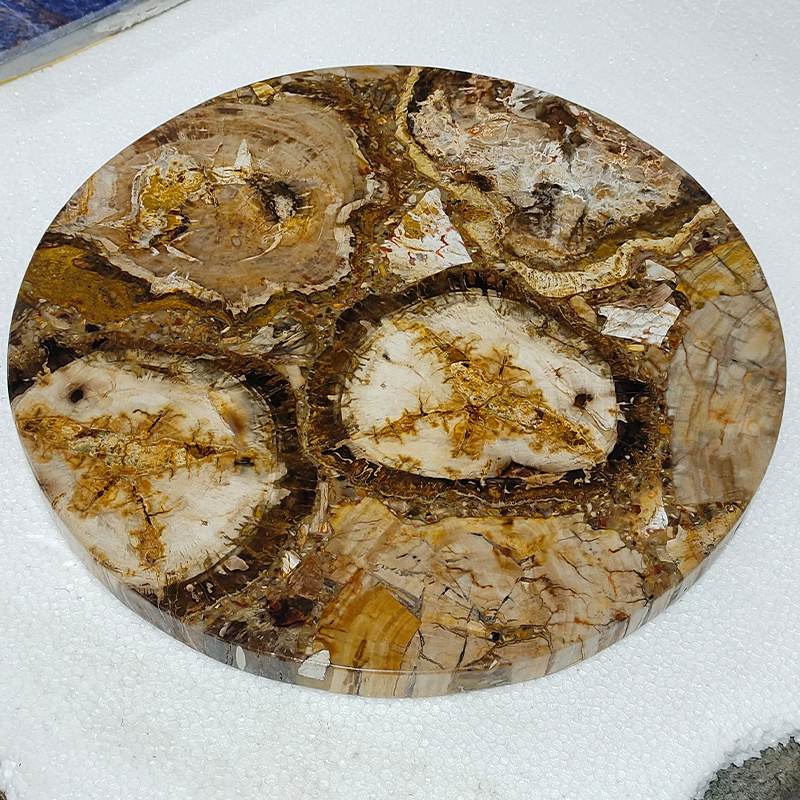 Custom Circular Grain Brown Petrified Wood Semi Precious Stone Slabs