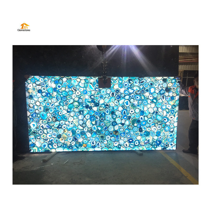 Natural Translucent Blue Agate Stone Backsplash Wall Panel Backlit Gemstone Countertop