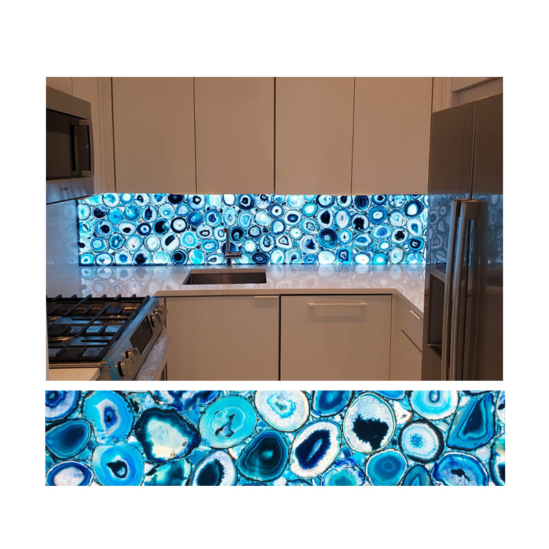 Natural Translucent Blue Agate Stone Backsplash Wall Panel Backlit Gemstone Countertop