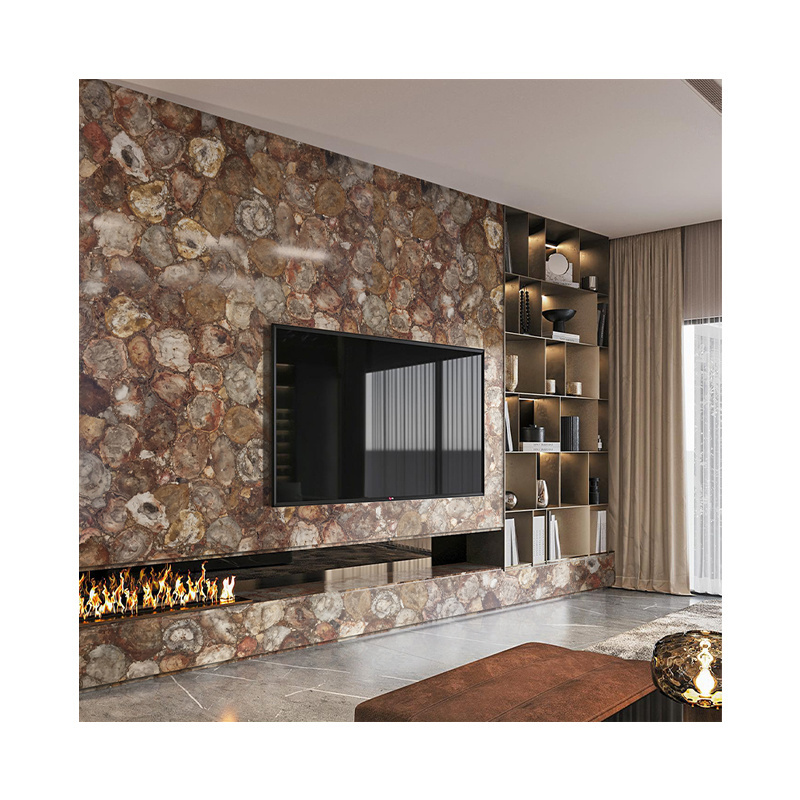 Luxury Polished Brown Quartz Petrified Wood Fireplace Fossil Stone Gemstone TV Background Wall Panel