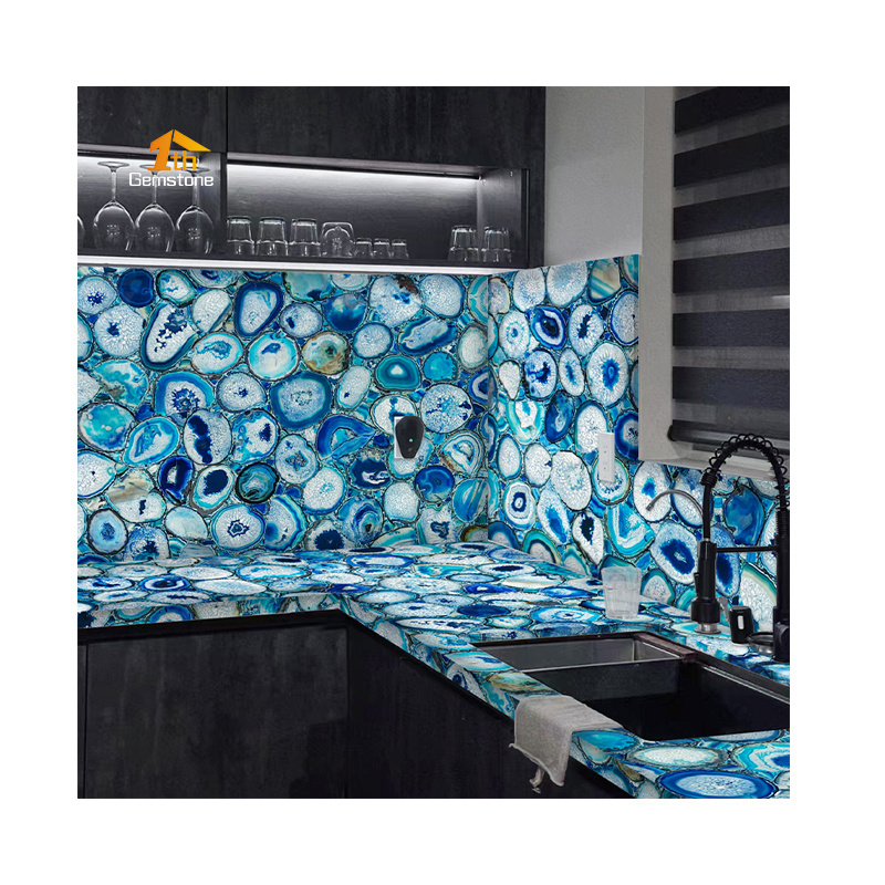 Natural Translucent Blue Agate Stone Backsplash Wall Panel Backlit Gemstone Countertop