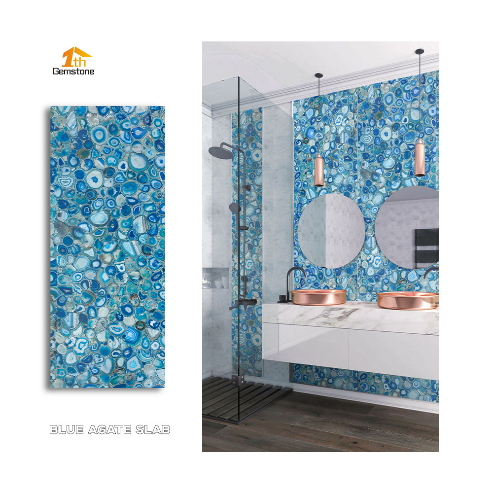 Custom Semi Precious Stone Wall Panel Large Blue Agate Stone Slabs For Shower Room