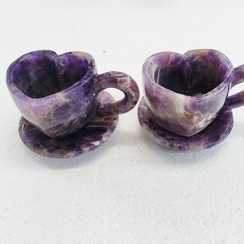 Luxury Natural Gemstone Heart Shape Carving Crystal Amethyst Cups With Saucer