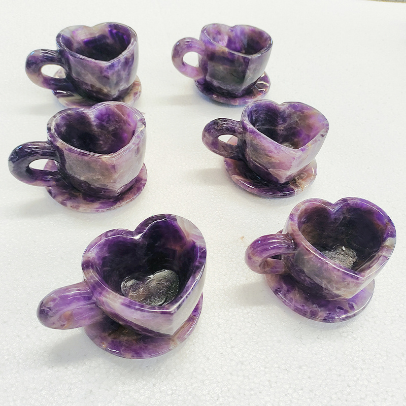 Luxury Natural Gemstone Heart Shape Carving Crystal Amethyst Cups With Saucer