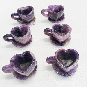 Luxury Natural Gemstone Heart Shape Carving Crystal Amethyst Cups With Saucer