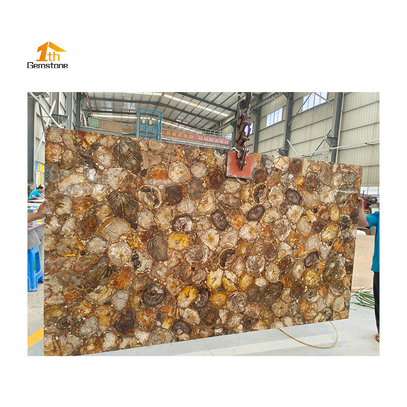 Natural Brown Fossil Stone Petrified Wood Semi Precious Stone Slabs For Wall Decoration/Countertop