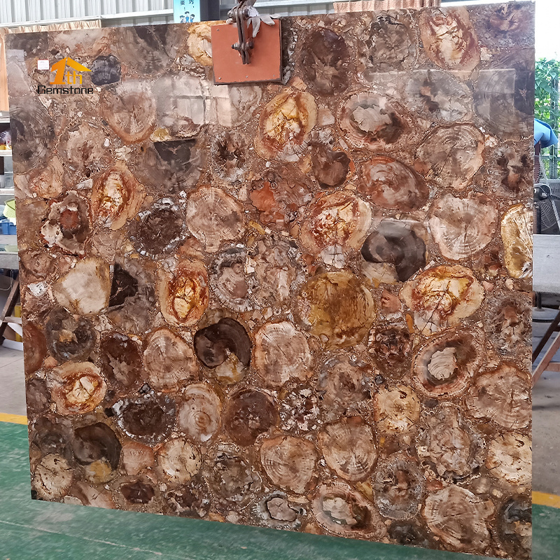 Luxury Polished Brown Quartz Petrified Wood Fireplace Fossil Stone Gemstone TV Background Wall Panel