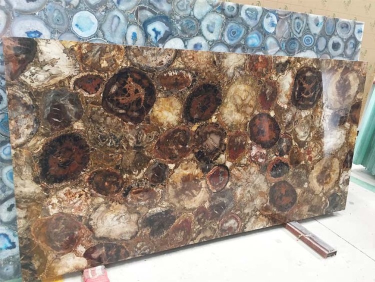 Custom Brown Fossil Gemstone Slabs Petrified Wood Stone Island Countertop