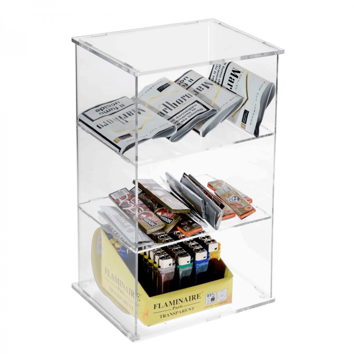 Transparent 3 horizontal shelves display stand for cigarette lighter and hand-rolling tobacco Display Cabinet