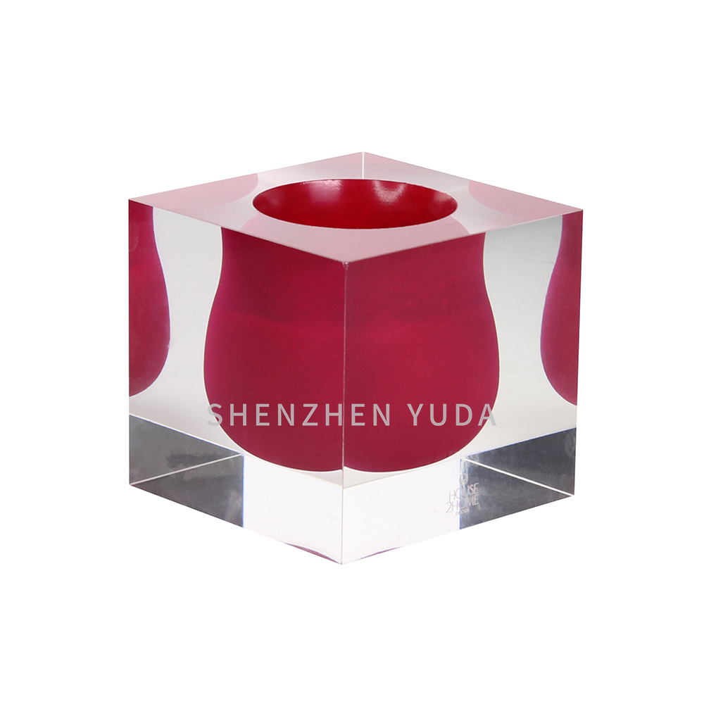 custom logo solid Lucite Table decor bouquet vases red cube acrylic vase centerpiece