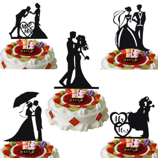 Acrylic Black Bride and Groom Silhouette Wedding Cake Topper