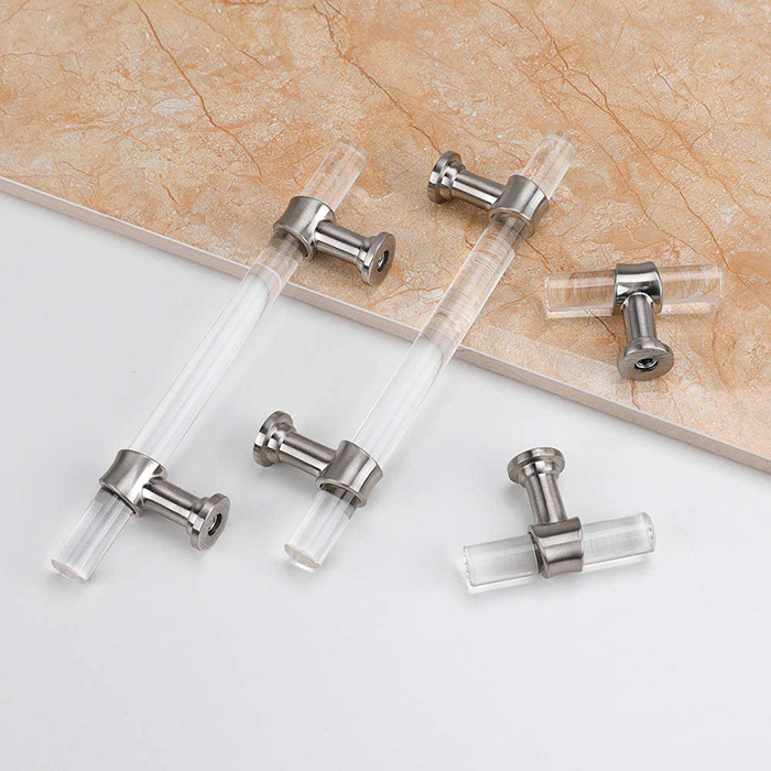 Clear Acrylic Knobs Silver Tone Cabinet Hardware Drawer Pulls Handle Single Hole T Bar Pull 50mm