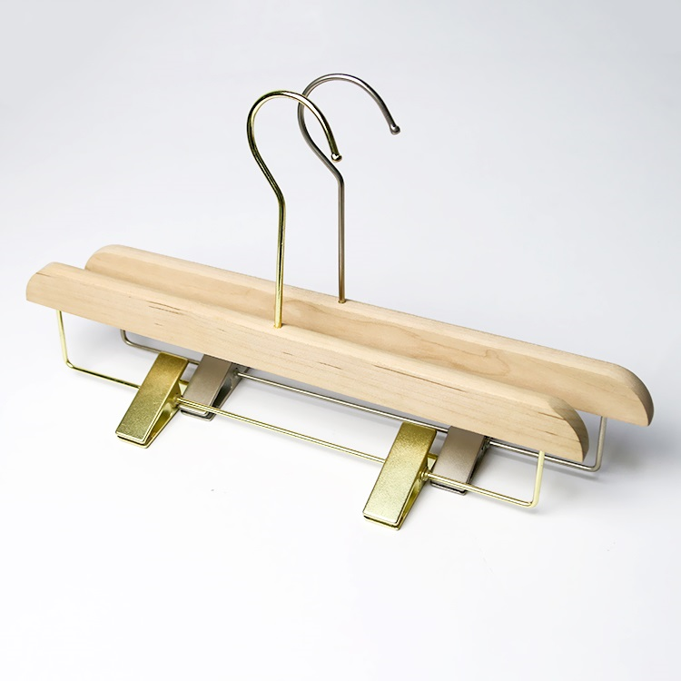 Wooden cloths hanger home kids wooden coat hangers with gold metal hook and clips