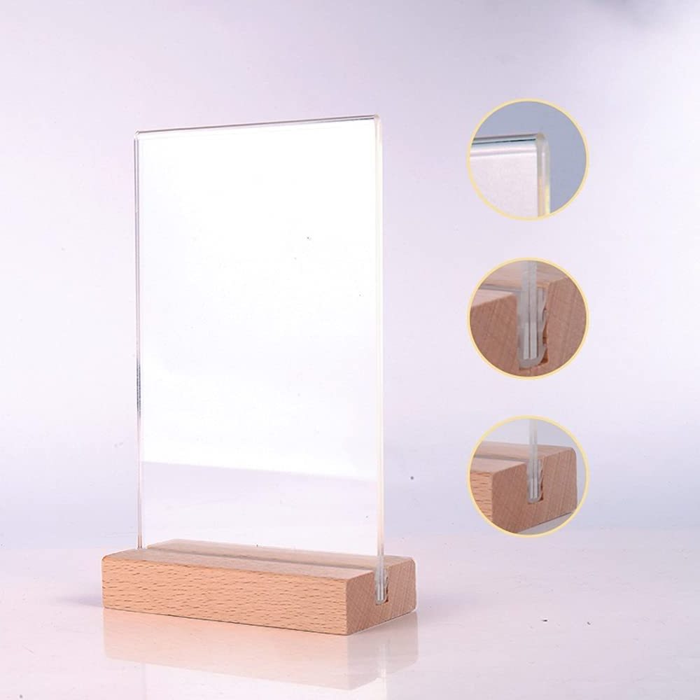 T Shape Clear Acrylic Sign Holder Table Top Portrait Menu Display Stand with Wood Base for Wedding