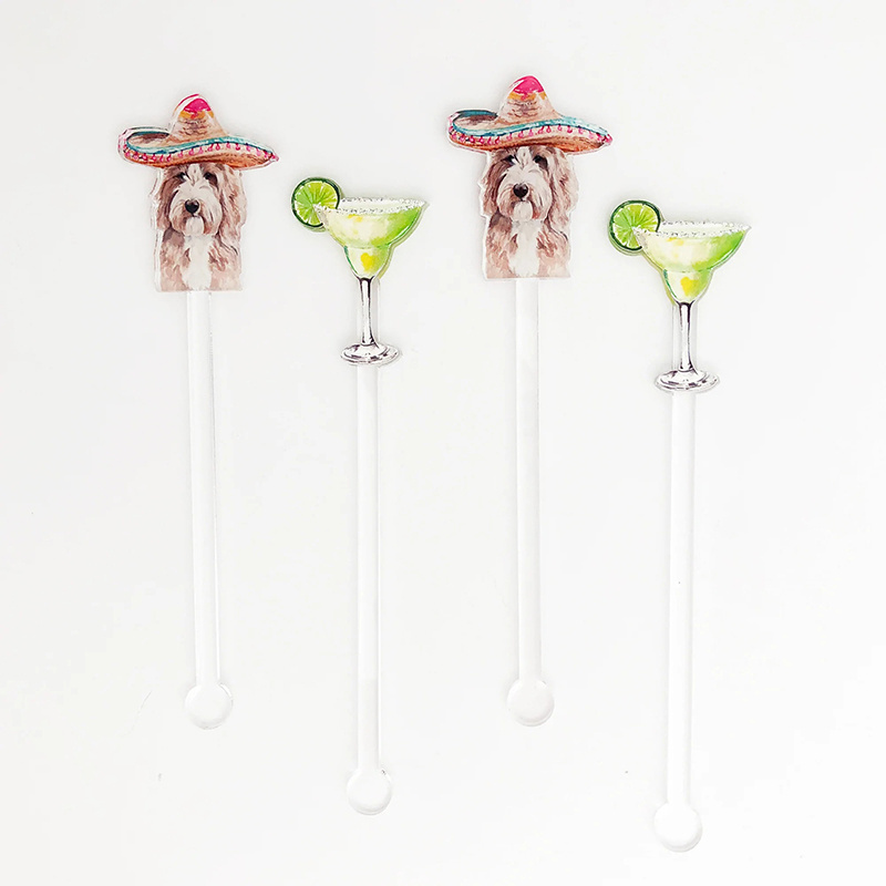 Custom UV Printed Dog Cat Face Drink Stir Sticks Clear Acrylic Swizzle Stir Stick for Wedding Parties