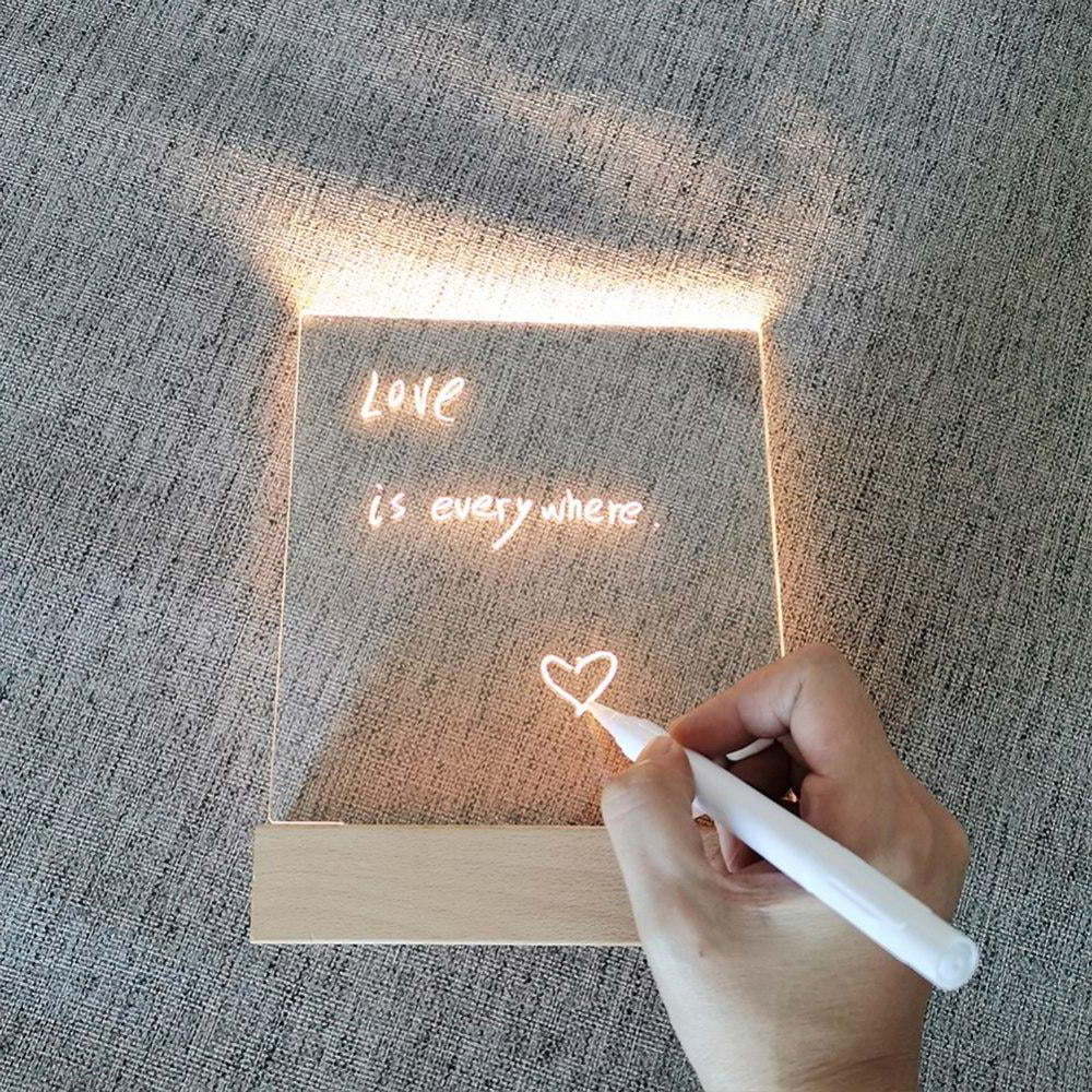 Transparent  Acrylic LED Dry Erase Board Lighting Up Wood Base Stand Clear Desktop Note Board Table Top LED Lucite Message Board