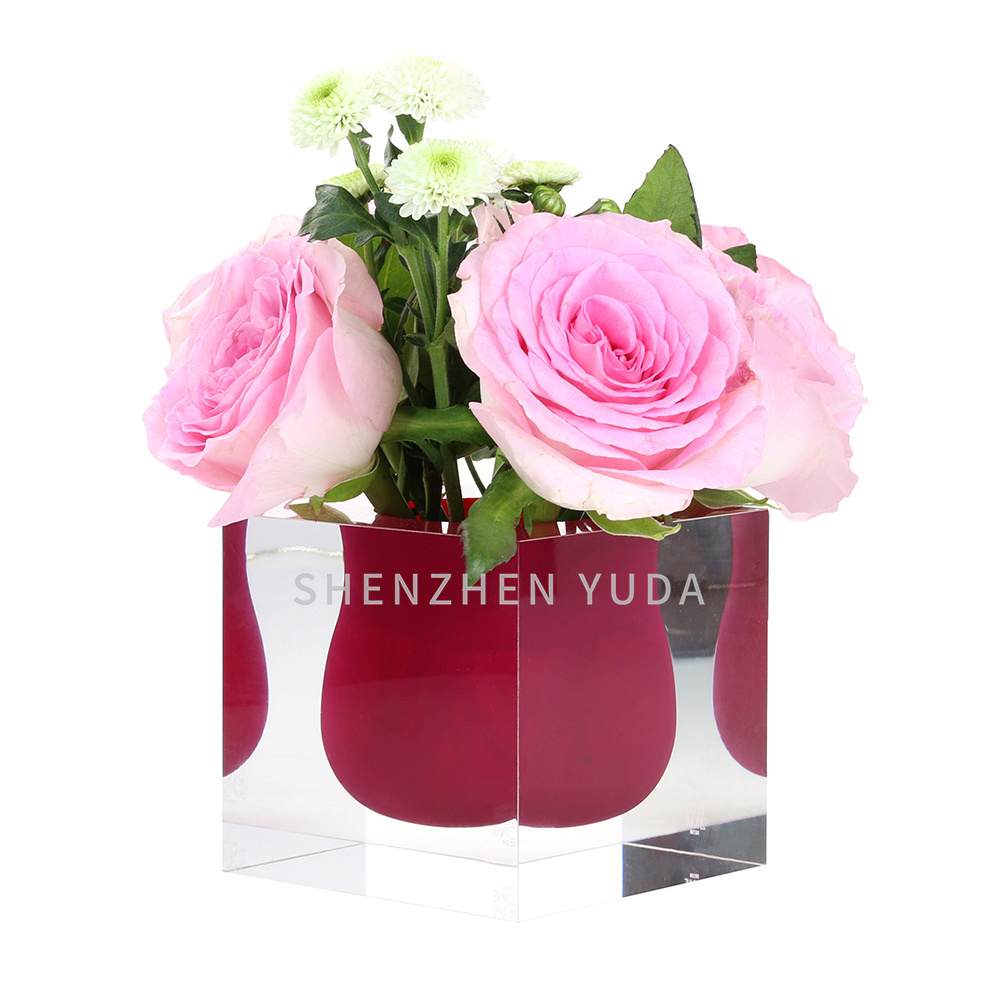 custom logo solid Lucite Table decor bouquet vases red cube acrylic vase centerpiece