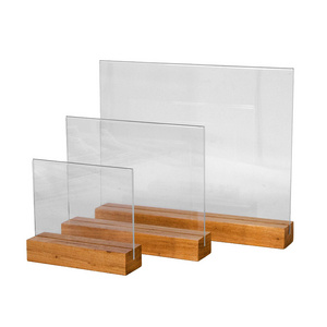 T Shape Clear Acrylic Sign Holder Table Top Portrait Menu Display Stand with Wood Base for Wedding