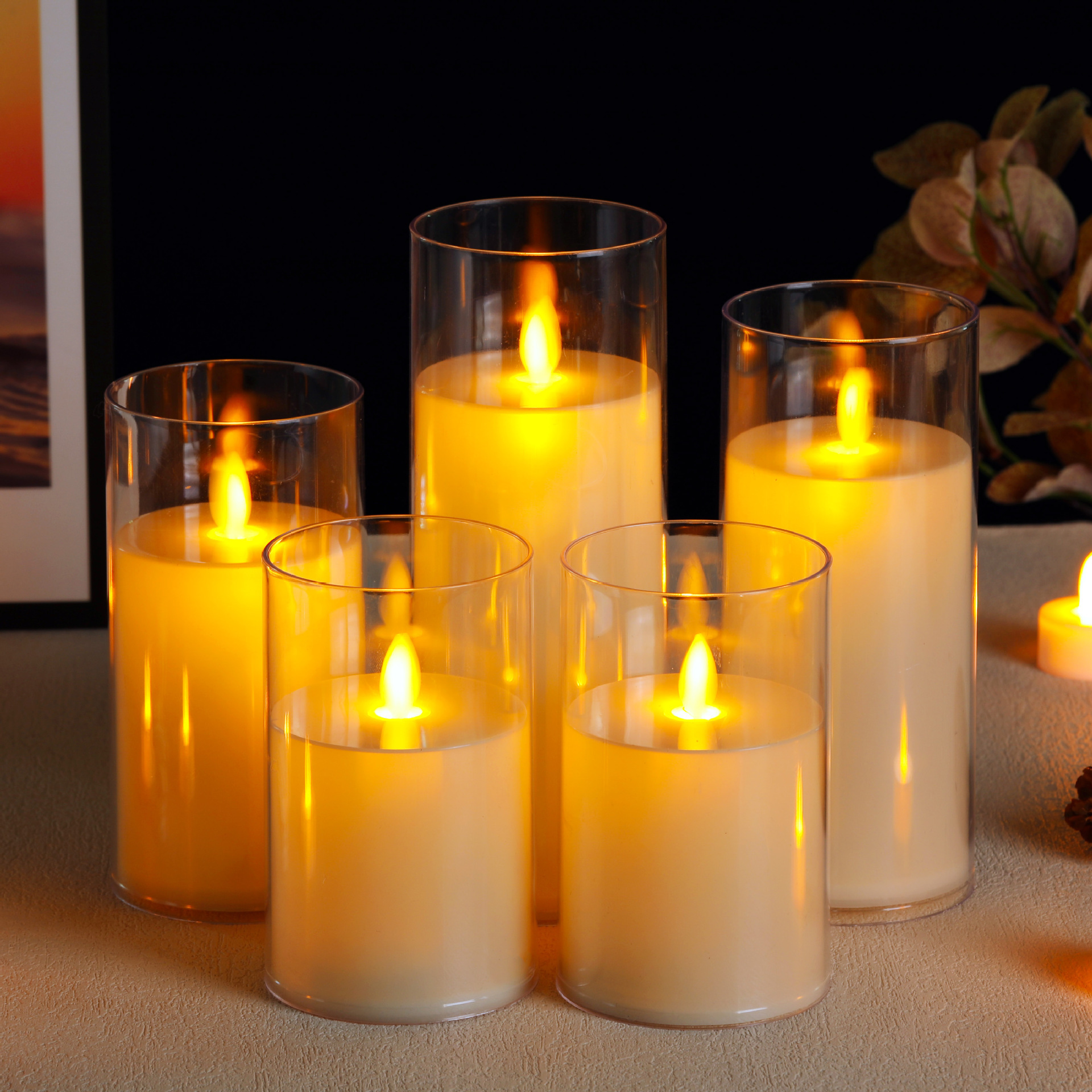 Hot Selling Eco-Friendly Flameless Warm Color Electric Battery Operated LED Pillar Candles in Glass with Remote Timer