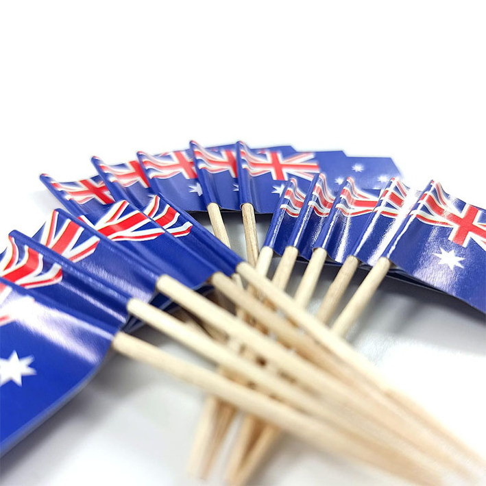 Factory Made Wholesale Cheap Custom Mini Size Australia Toothpicks Paper Flag  Bamboo Pole For Cocktail Fruit Cake