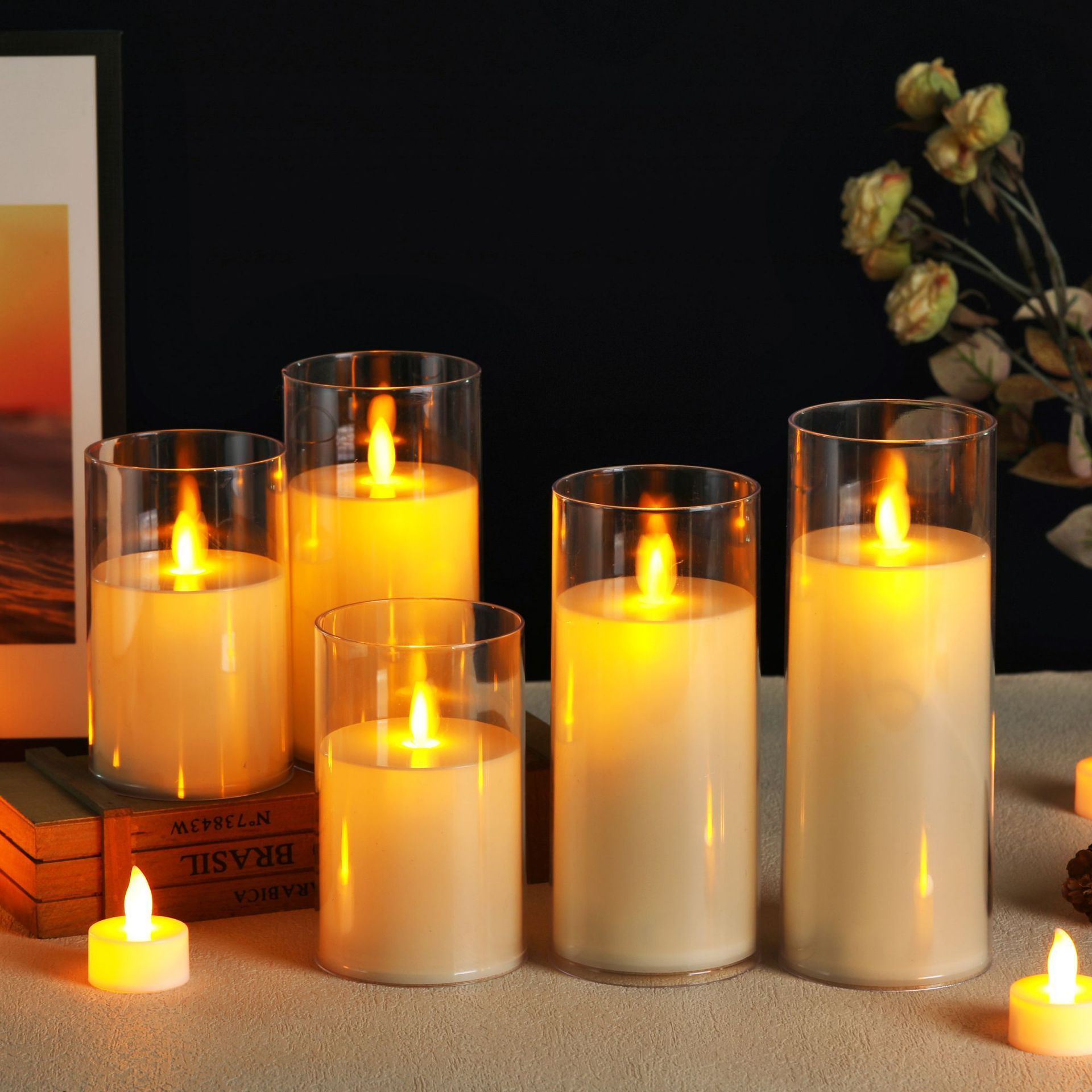 Hot Selling Eco-Friendly Flameless Warm Color Electric Battery Operated LED Pillar Candles in Glass with Remote Timer