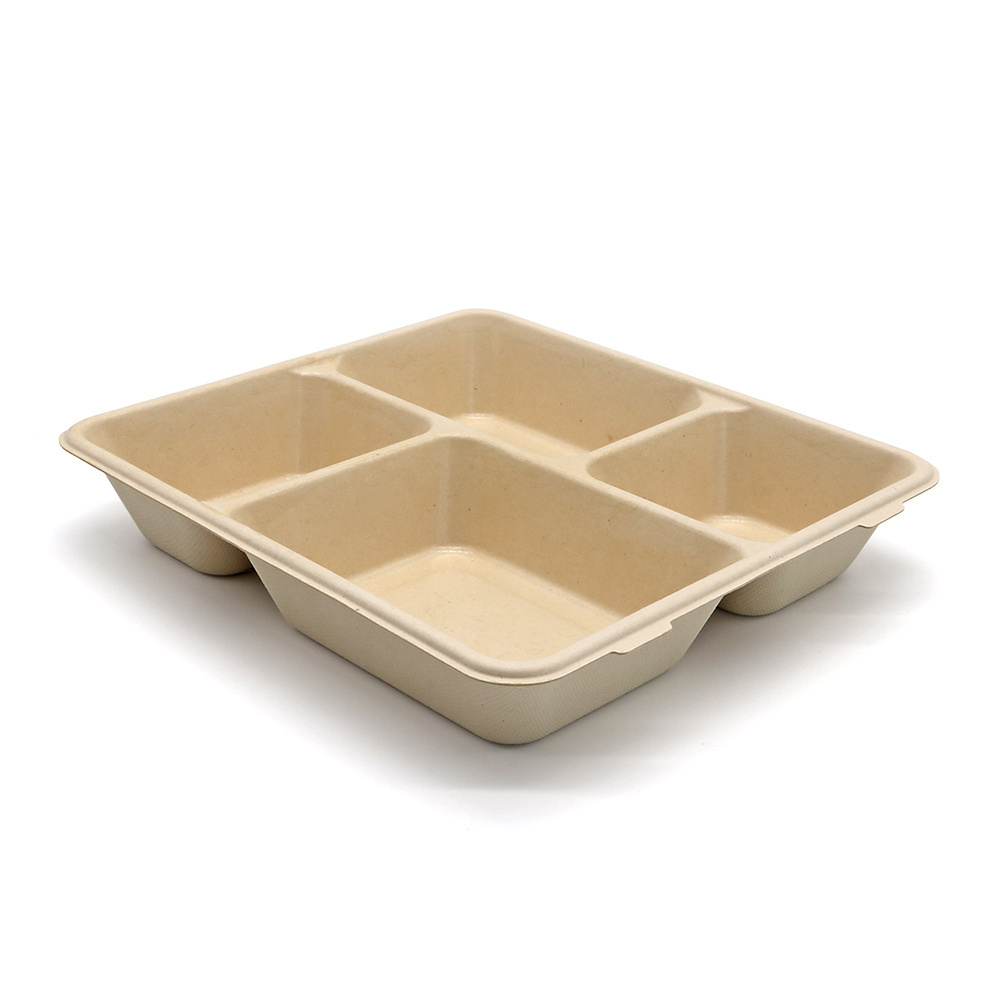 MEMEDA 100% Compostable 5 Compartment Bagasse Plates Disposable Sugarcane divided Tray for School Lunch With lid