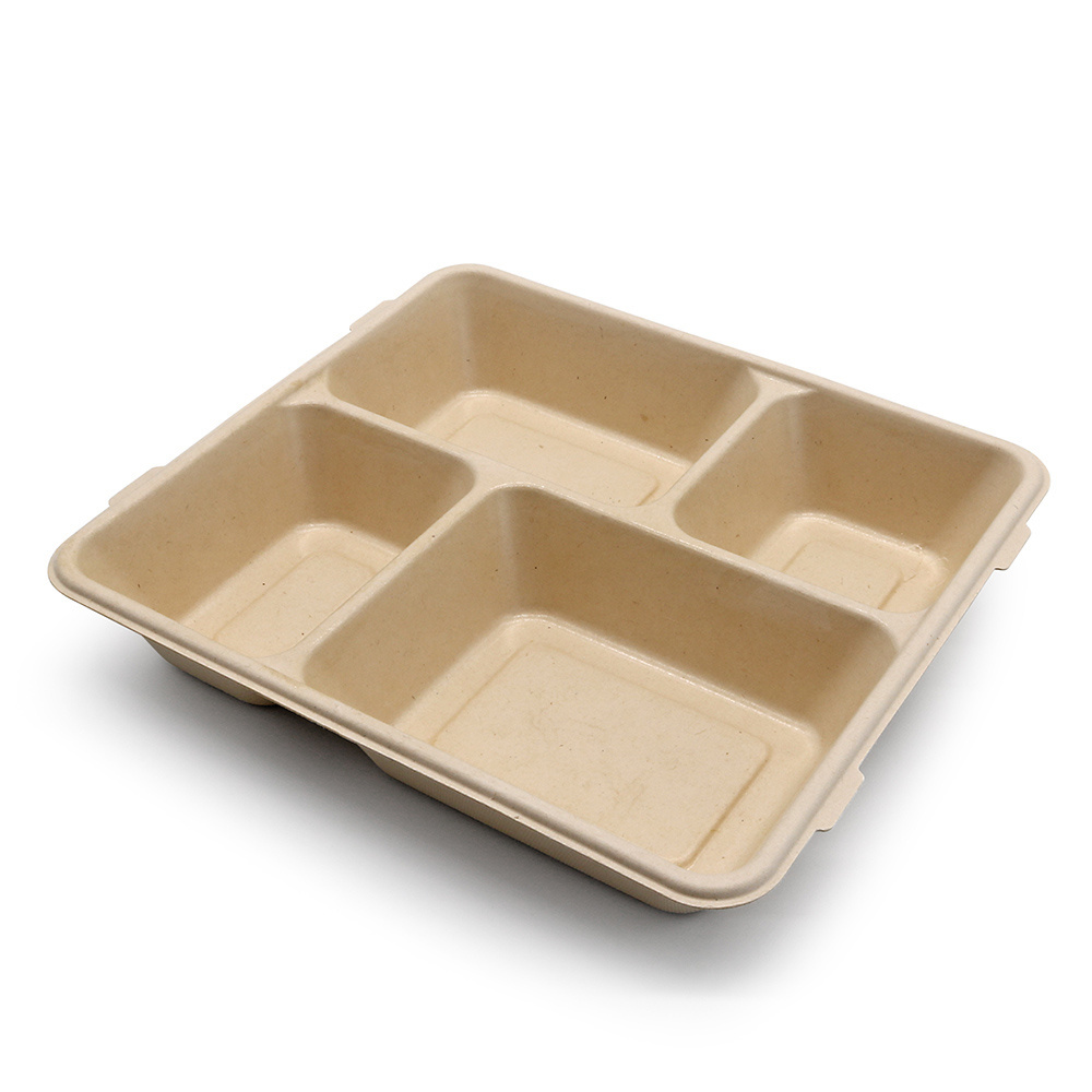 MEMEDA 100% Compostable 5 Compartment Bagasse Plates Disposable Sugarcane divided Tray for School Lunch With lid