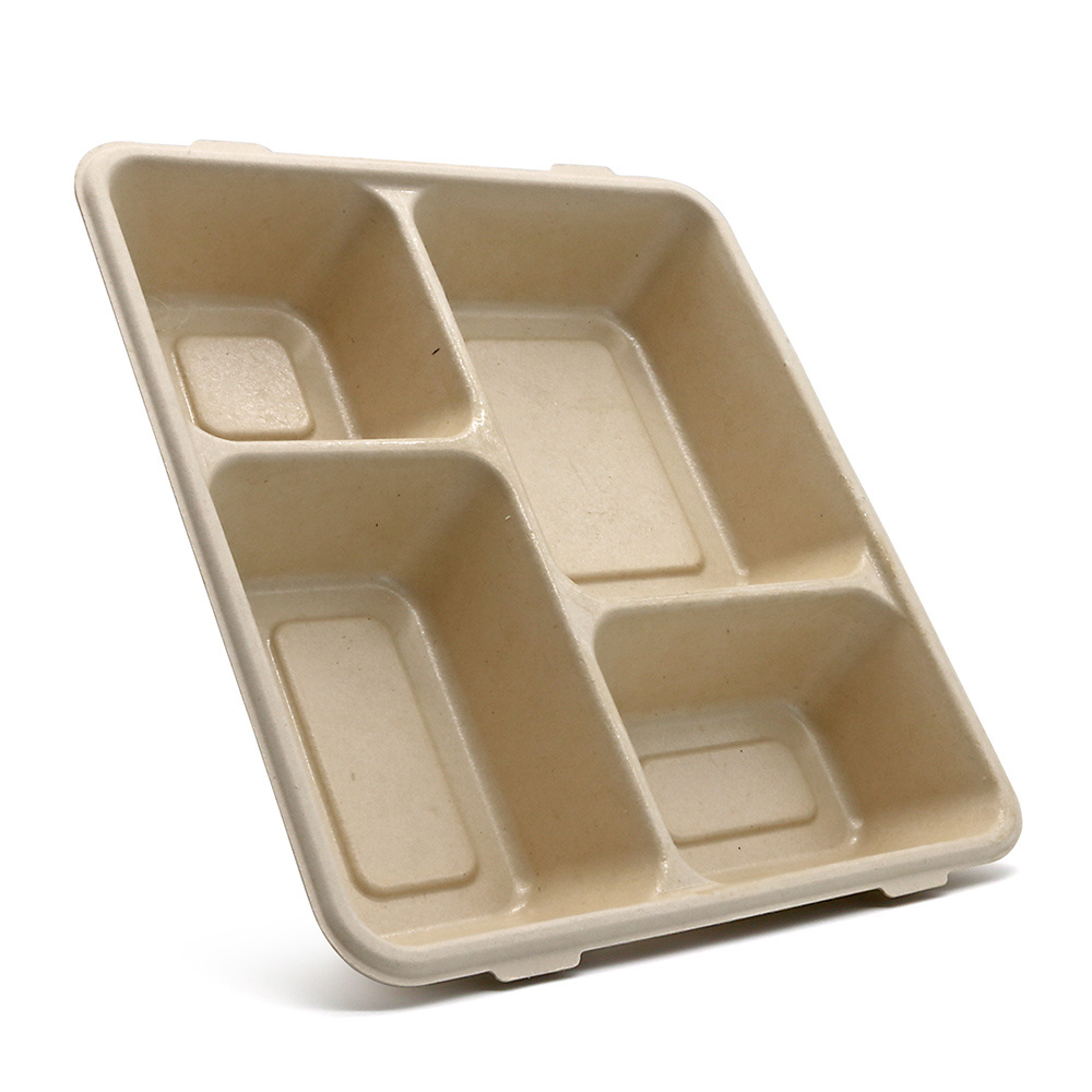 MEMEDA 100% Compostable 5 Compartment Bagasse Plates Disposable Sugarcane divided Tray for School Lunch With lid