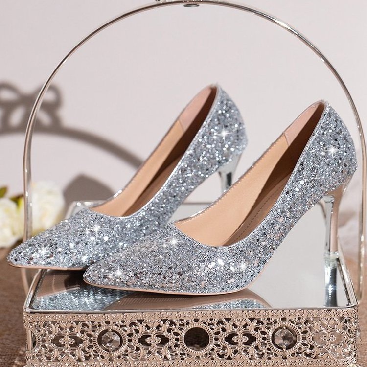 Ladies Elegant Shiny Gold Pencil High Heels Height-Increasing Solid Pattern for Autumn Sexy Bridal Wedding Gowns Shoes